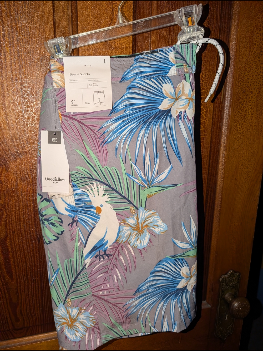 Goodfellow & Co Gray Tropical Cockatoo Swim Shorts with Blue and Green Palms
